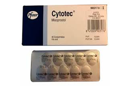 image illustrates the packaging and tablet blister of Cytotec Misoprostol, designed for the Guinean market, with Pfizer's logo